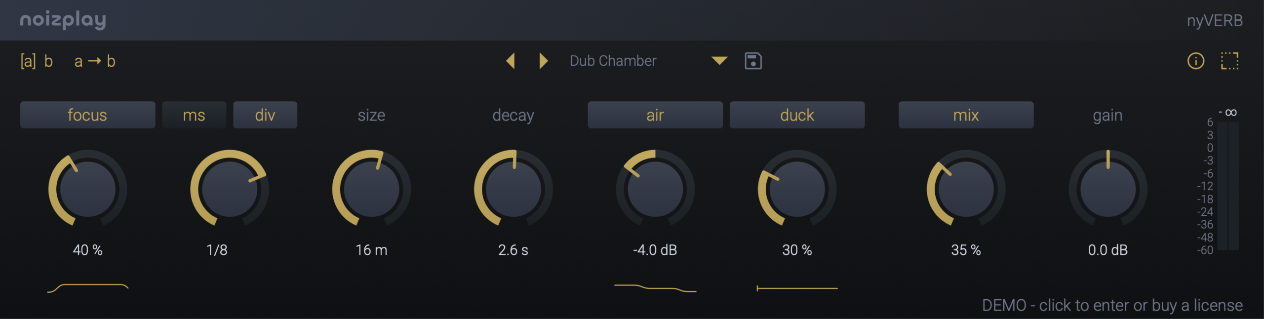 The nyVERB plugin interface: one row of reverb controls — focus, pre-delay, size, decay, air, duck, mix and gain — with strip displays below focus, air and duck, and a true-peak meter